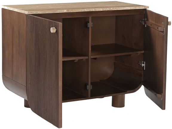 Mango wood sideboard with open doors and interior shelves, vertical ribbed front and feet