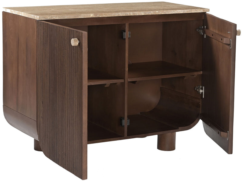 Mango wood sideboard with open doors and interior shelves, vertical ribbed front and feet
