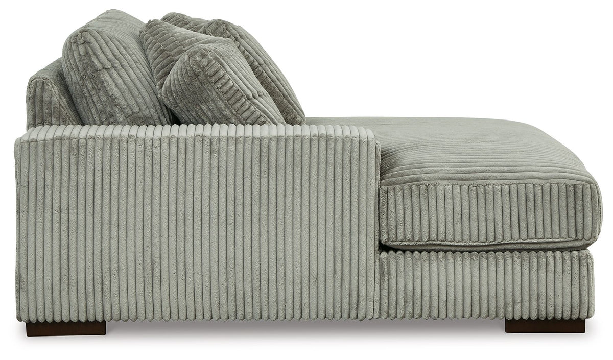 Gray ribbed fabric corner sectional sofa with upholstered arm and tufted back cushions
