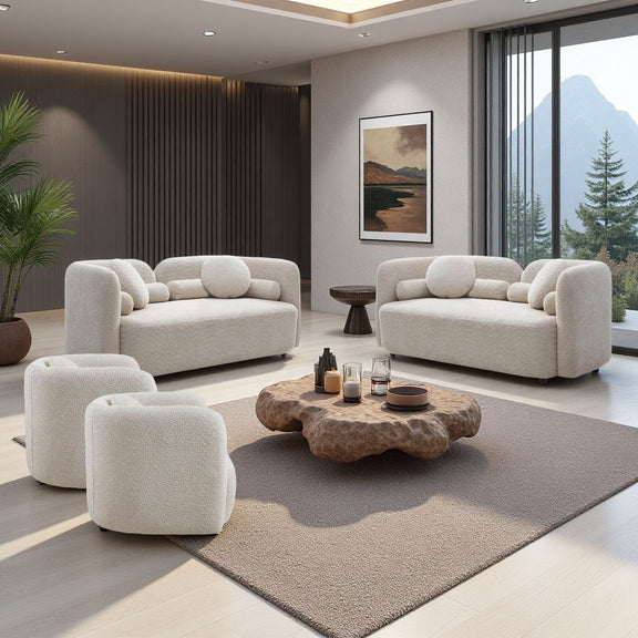 Beige living room seating set with two sofas and one armchair