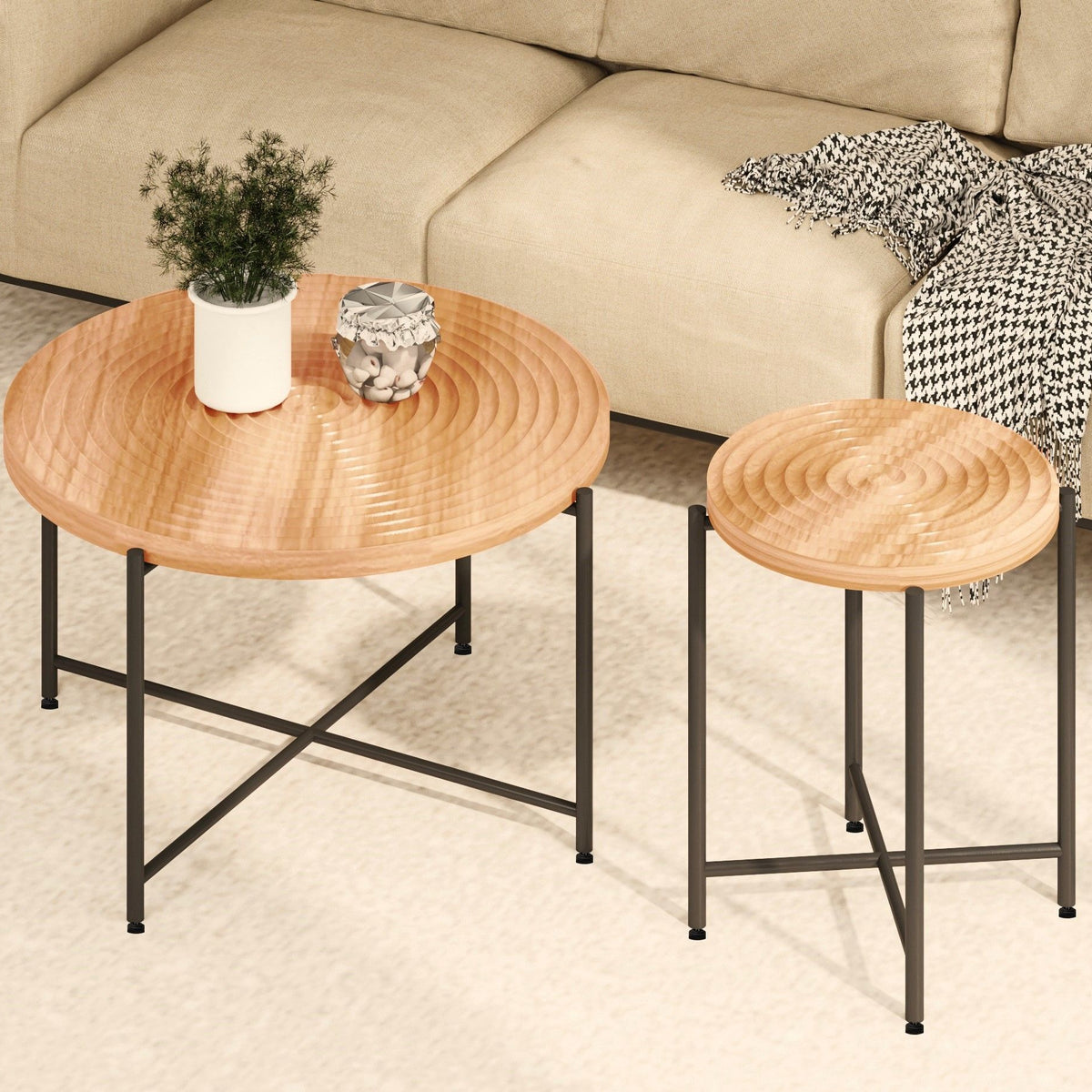 Coffee And End Table Set Waterproof Cover, Distressed Cylindrical Design, Legs Classic Rustic Charm (Set of 2)
