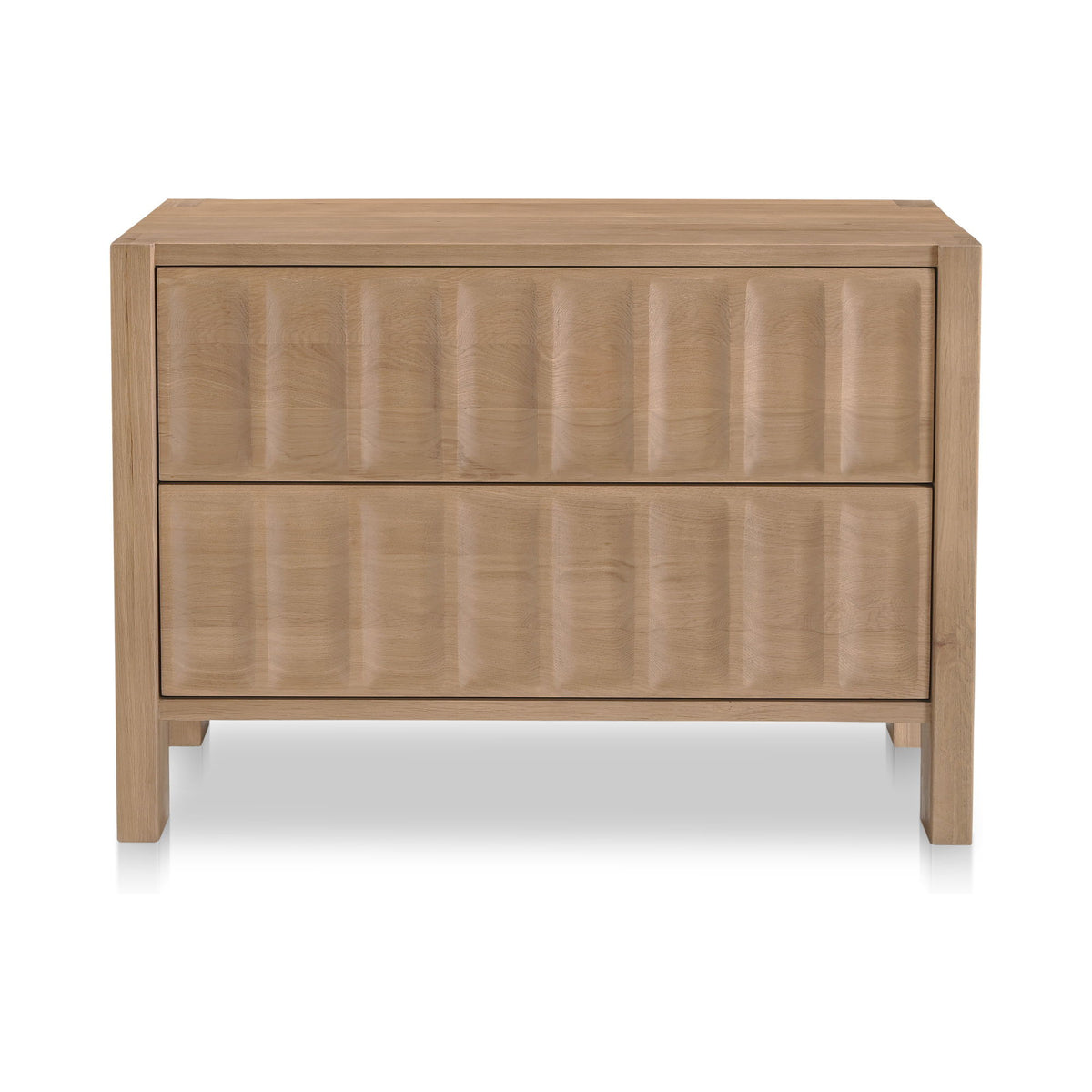 Natural wood nightstand with two drawers and paneled fronts, rectangular top.
