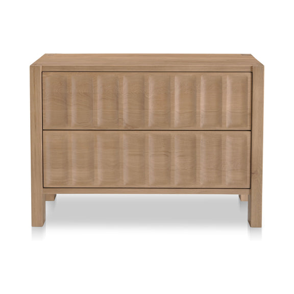 Natural wood nightstand with two drawers and paneled fronts, rectangular top.