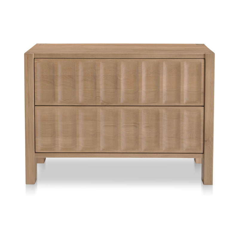 Natural wood nightstand with two drawers and paneled fronts, rectangular top.