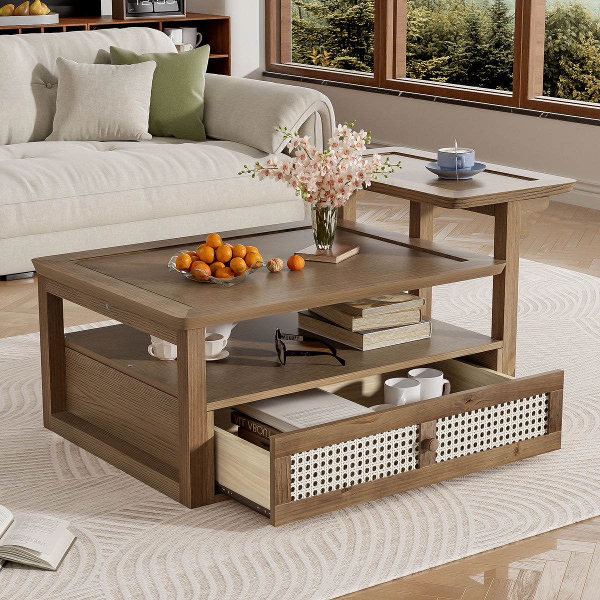 Coffee Table With 1 Storage Shelf, 2 Tabletops And 1 Rattan Drawer