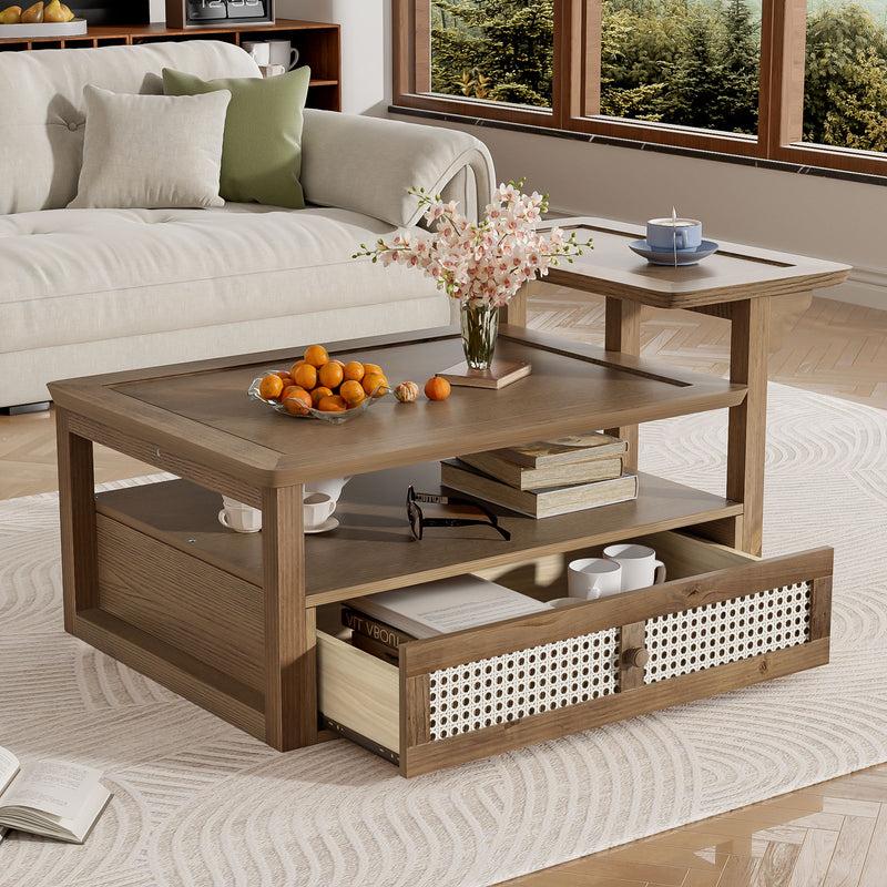 Coffee Table With 1 Storage Shelf, 2 Tabletops And 1 Rattan Drawer
