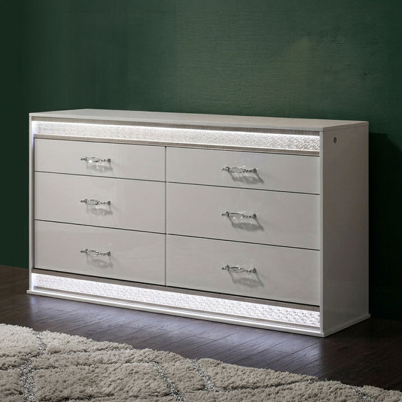White 6-drawer dresser front with textured border, silver handles, low platform base