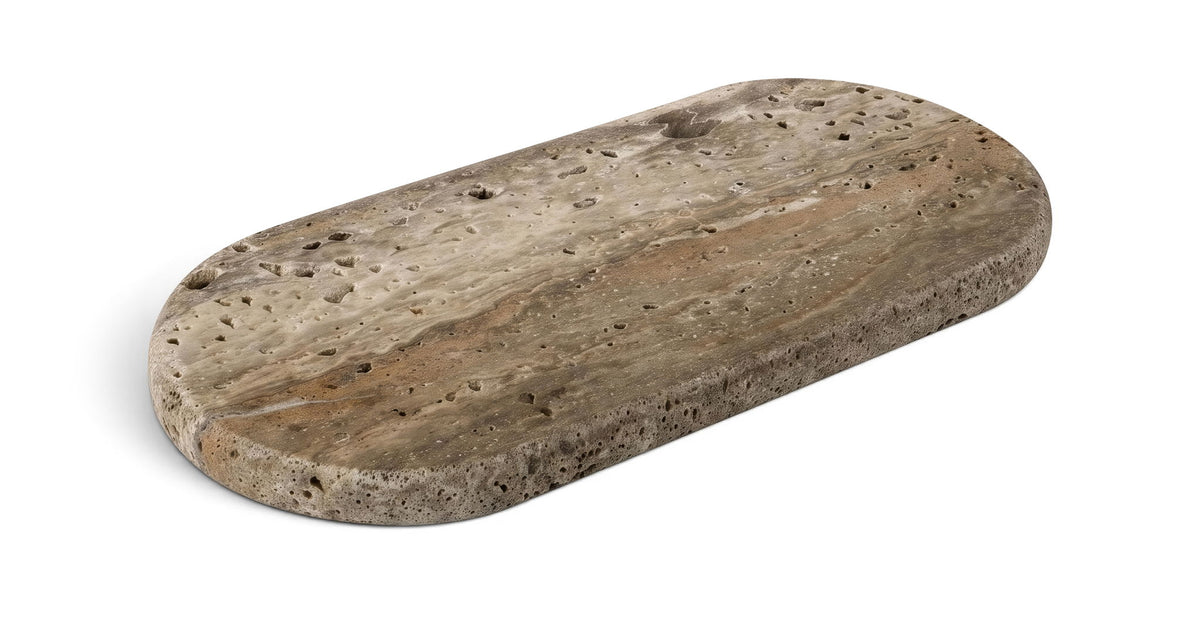 Genuine marble tray, gray oval with speckled texture and light brown veining