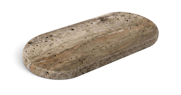 Genuine marble tray, gray oval with speckled texture and light brown veining