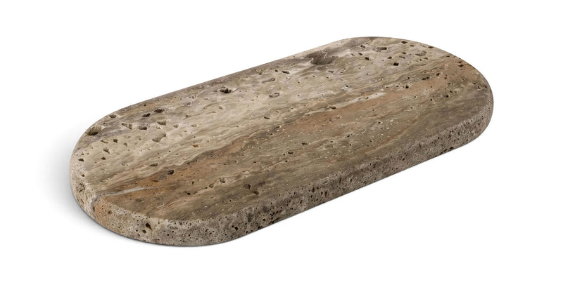 Genuine marble tray, gray oval with speckled texture and light brown veining