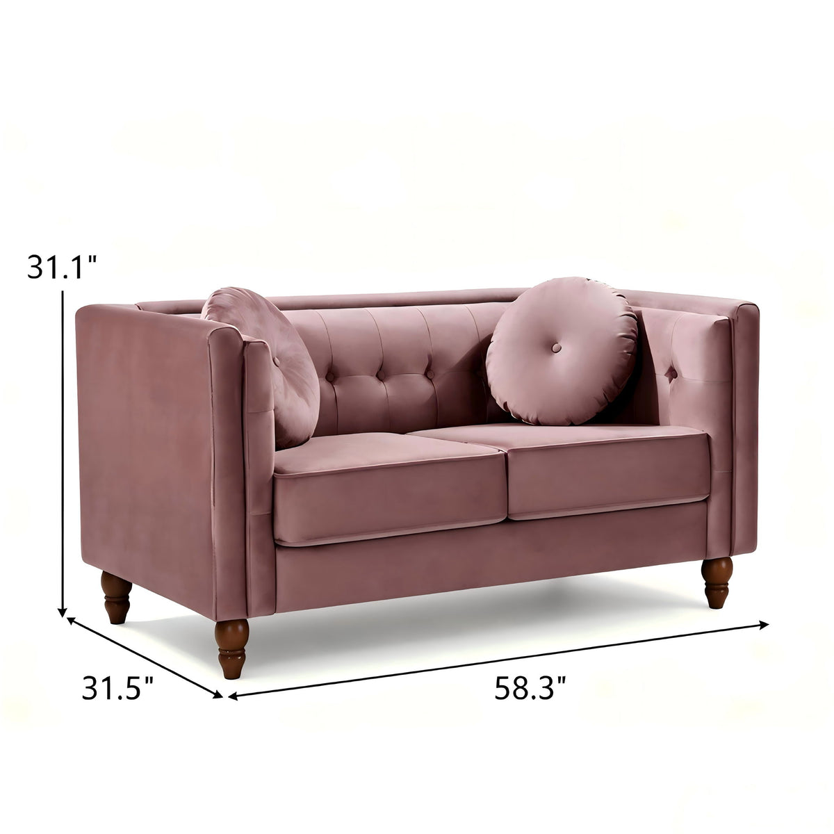Rose pink 2-seater velvet loveseat with tufted back and round accent pillows