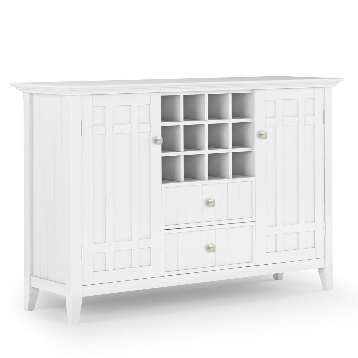 White sideboard buffet with open wine storage shelves, cabinet doors, and two drawers
