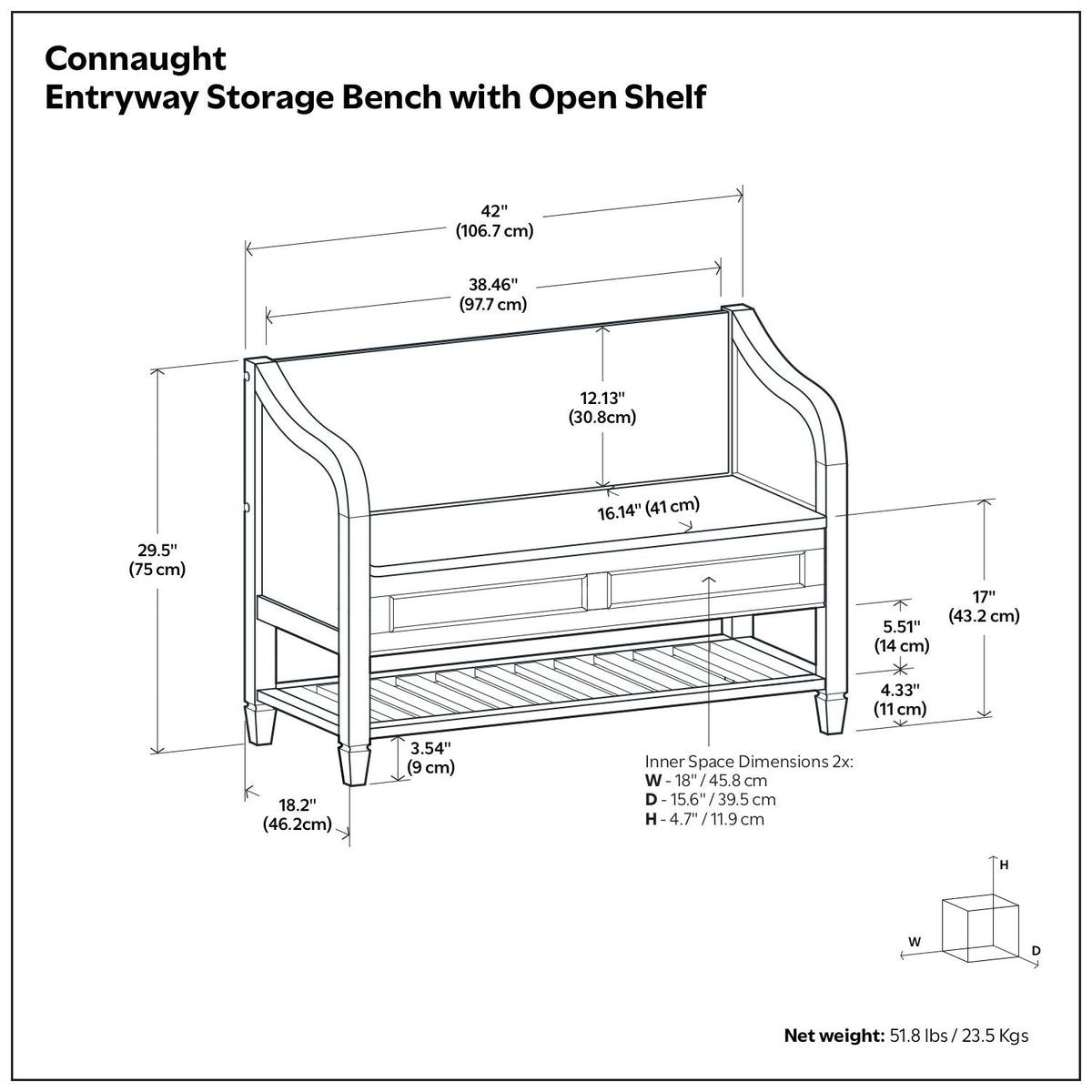 Entryway storage bench open-shelf size diagram with two drawer panel fronts