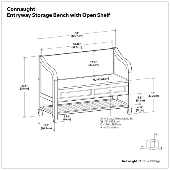 Entryway storage bench open-shelf size diagram with two drawer panel fronts