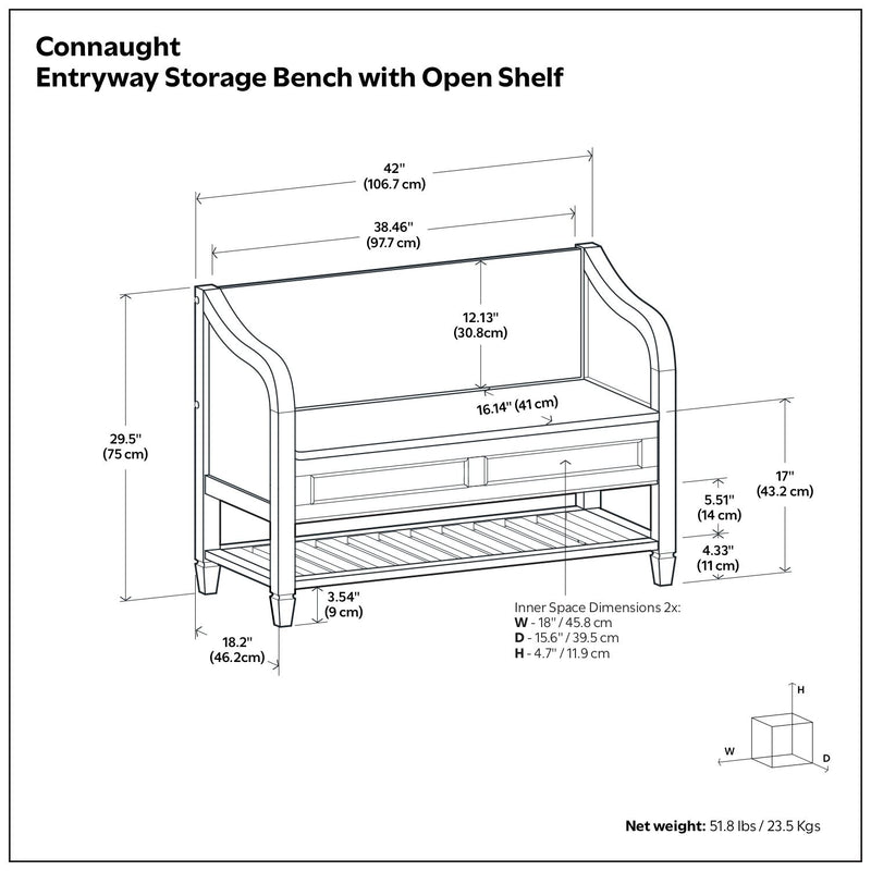 Entryway storage bench open-shelf size diagram with two drawer panel fronts
