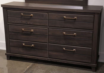 Dark brown six-drawer dresser with brass bar pulls and flat panel fronts