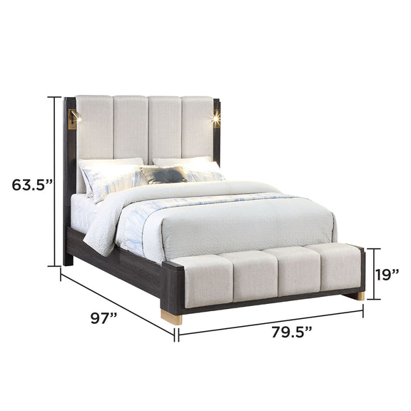 Light gray upholstered platform bed with padded headboard and built-in slat base