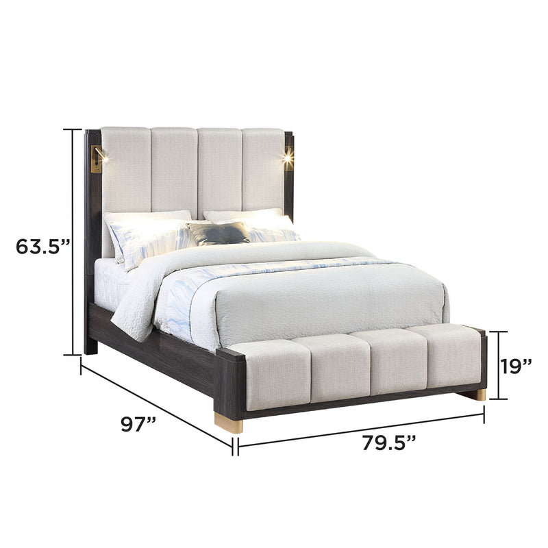 Light gray upholstered platform bed with padded headboard and built-in slat base