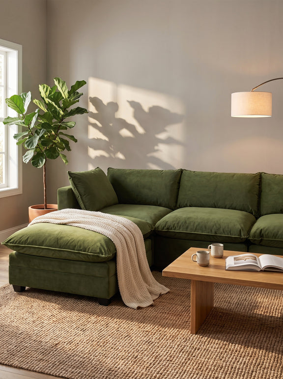 Olive green sectional sofa with chaise arm and loose cushions