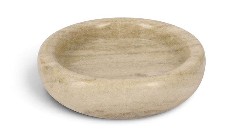 Beige marble round tray with smooth rim and subtle stone veining.
