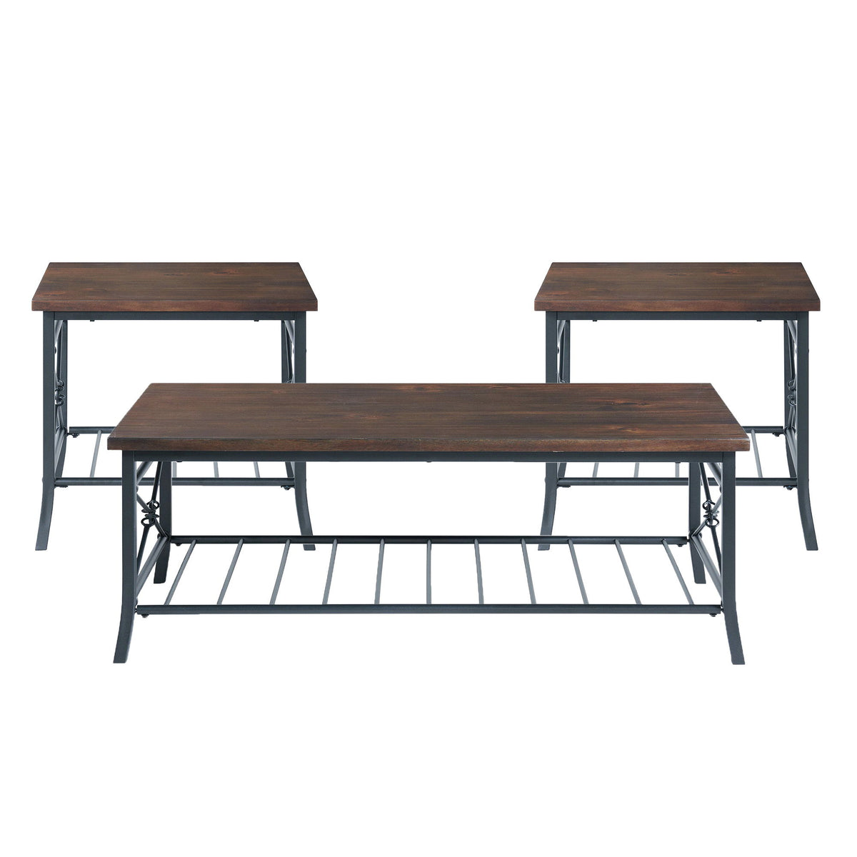 Three-piece occasional table set with brown wood tops and dark metal frames