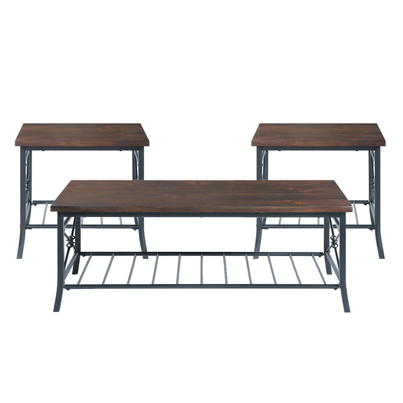 Three-piece occasional table set with brown wood tops and dark metal frames