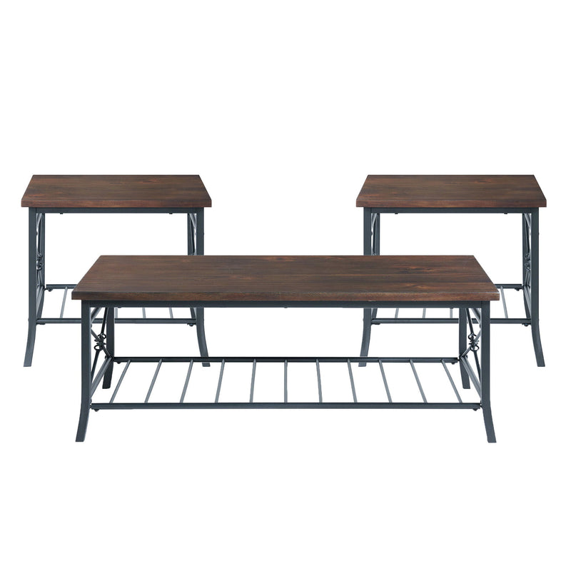 Three-piece occasional table set with brown wood tops and dark metal frames