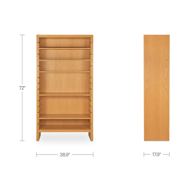 Natural wood bookcase side panel showing open shelves and overall dimensions