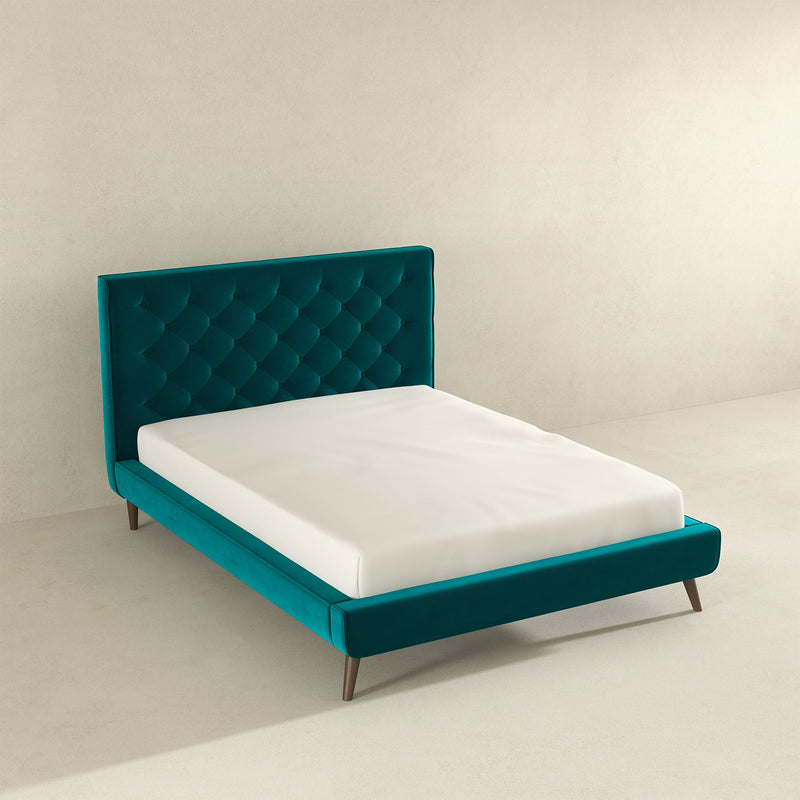 Dillon platform bed in teal with tufted headboard and white mattress