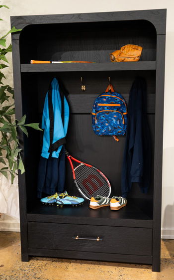 Black hall tree with open storage cubbies and hanging hooks, bench-style storage base