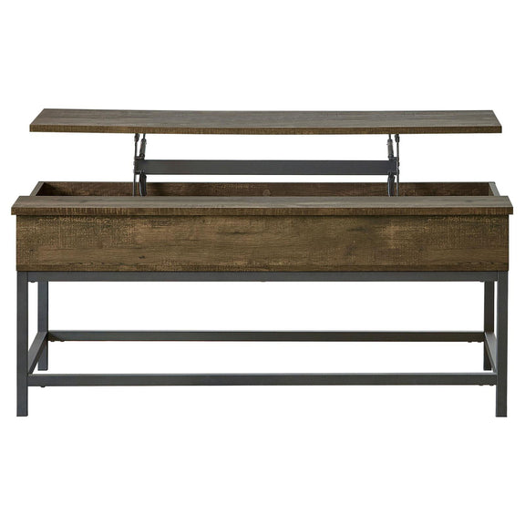 Adjustable lift-top coffee table in dark brown wood with two-tier storage base