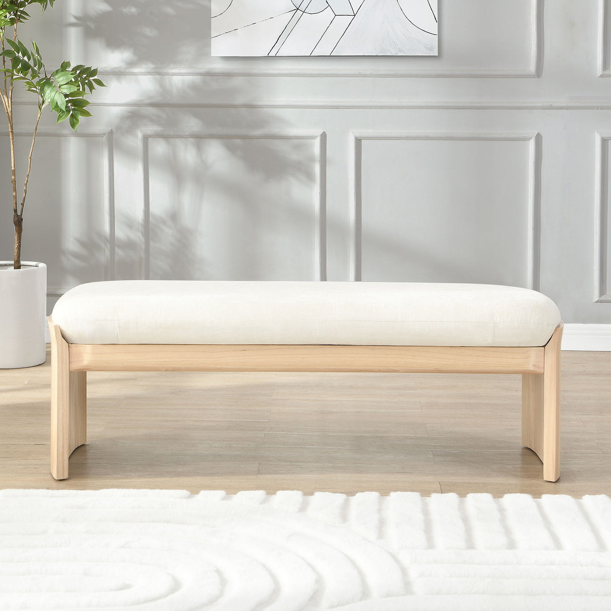 Footstool With Soft Cushion For Living Room - Beige / Natural
