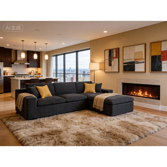 Dark gray sectional sofa with chaise and two mustard throw pillows