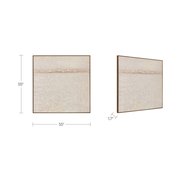 Square framed abstract painting in light beige with tan horizontal stripe