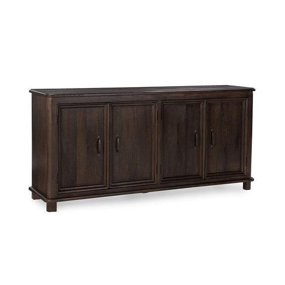 Cocoa brown 4-door cabinet with panel doors, metal pulls, and raised feet.