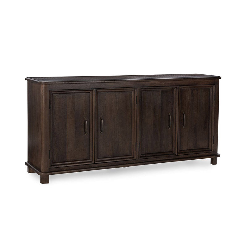 Cocoa brown 4-door cabinet with panel doors, metal pulls, and raised feet.