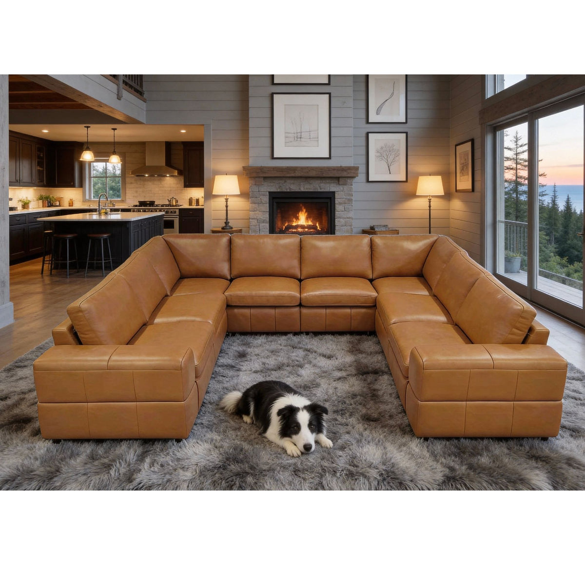 Tan L-shaped sectional sofa with large square arms and deep cushioned seating.