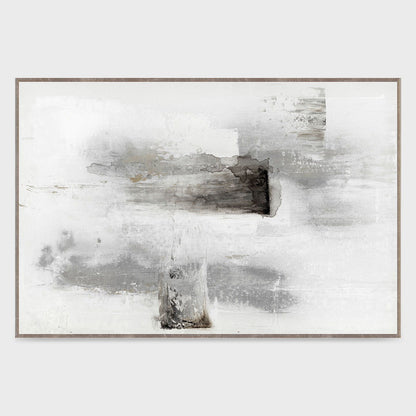 Framed abstract wall art with white background and gray brushstroke shapes