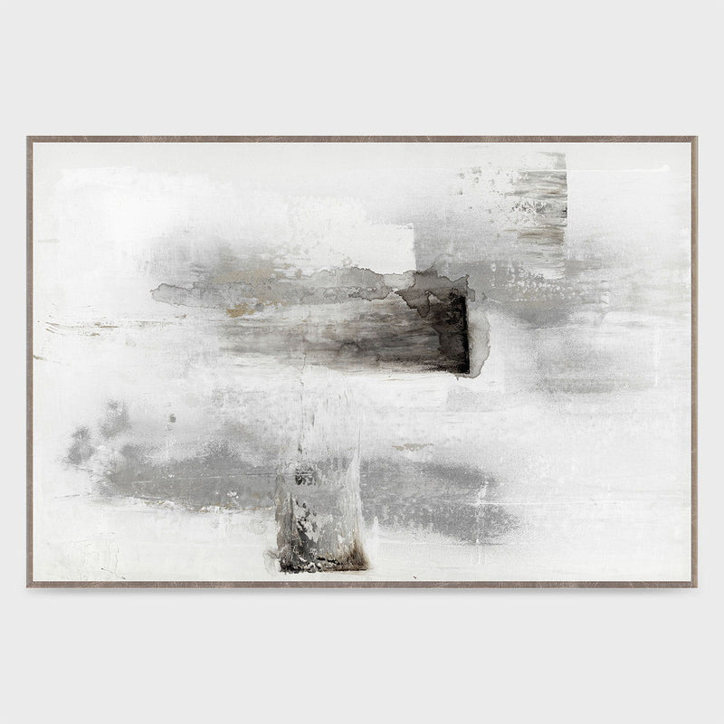 Framed abstract wall art with white background and gray brushstroke shapes