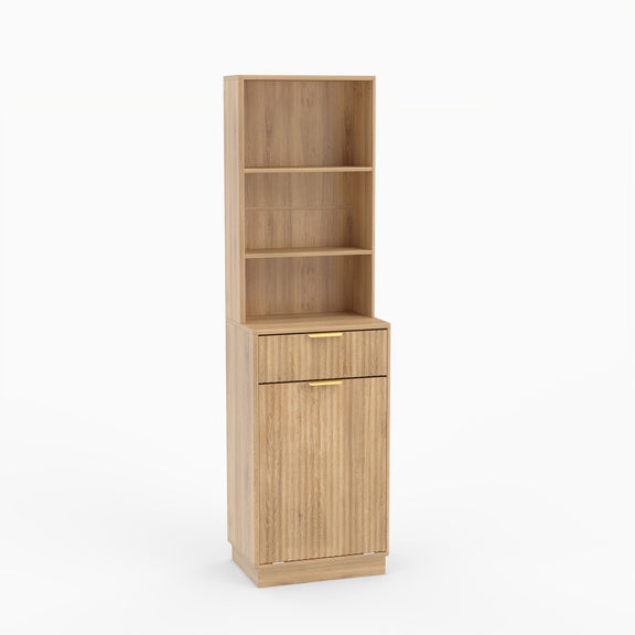 Light brown tall fluted storage cabinet with three open shelves, a drawer, and closed lower door