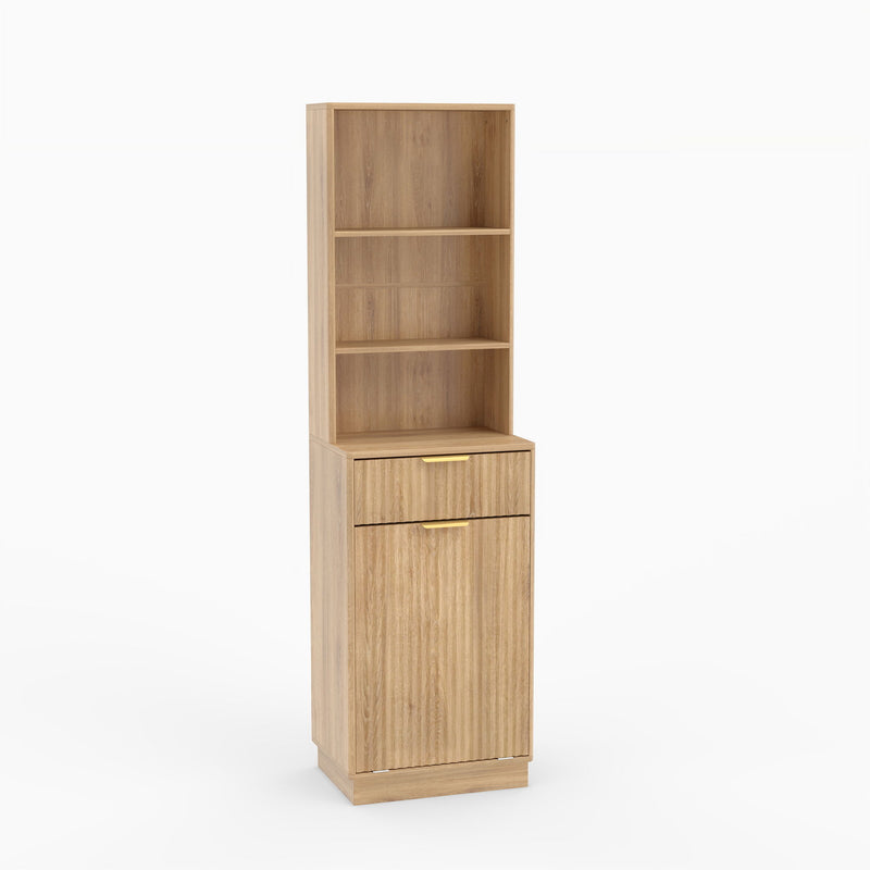 Light brown tall fluted storage cabinet with three open shelves, a drawer, and closed lower door