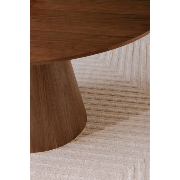 Round walnut tabletop edge and pedestal base detail