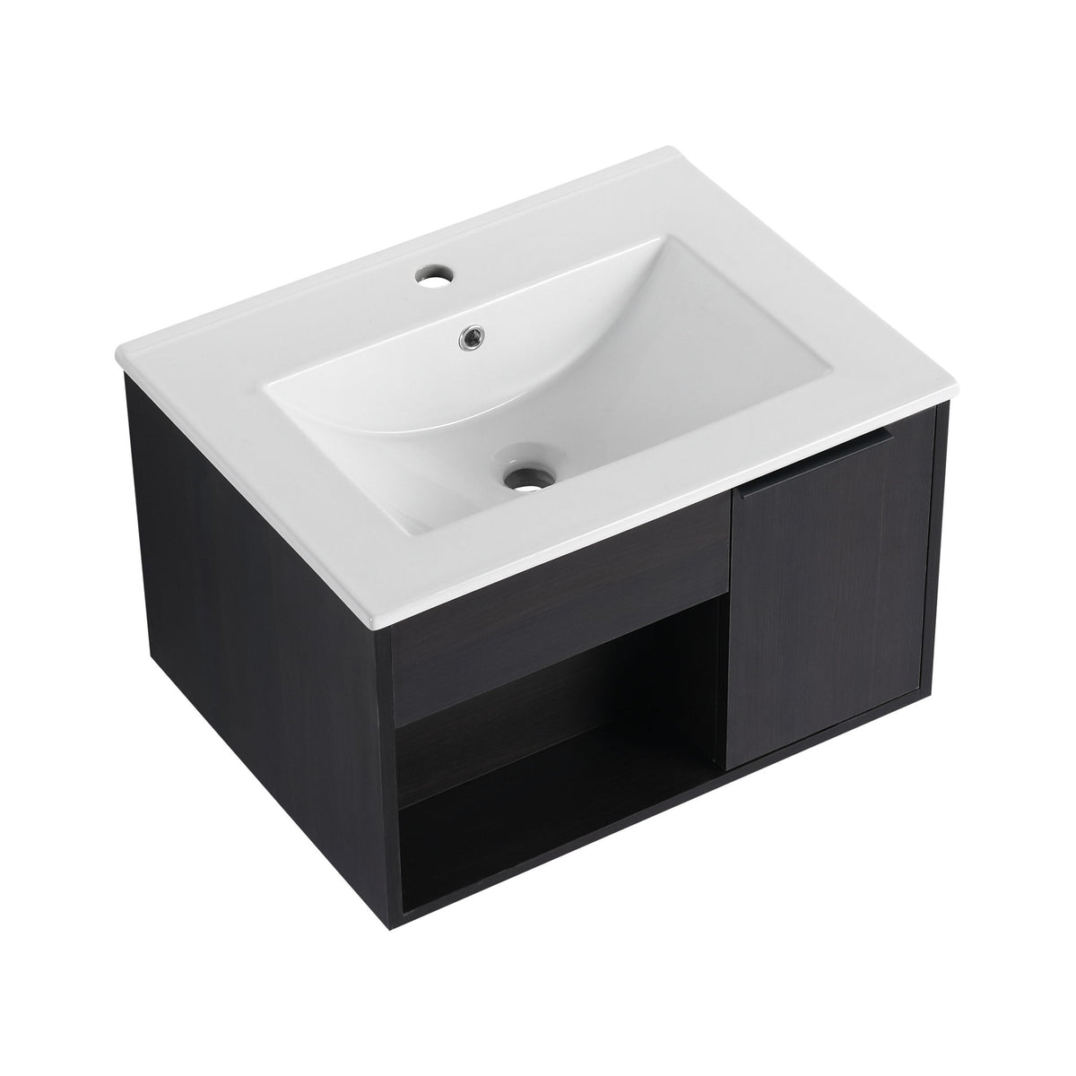 Wall-mounted bathroom vanity with white sink, dark cabinet, open shelf and door