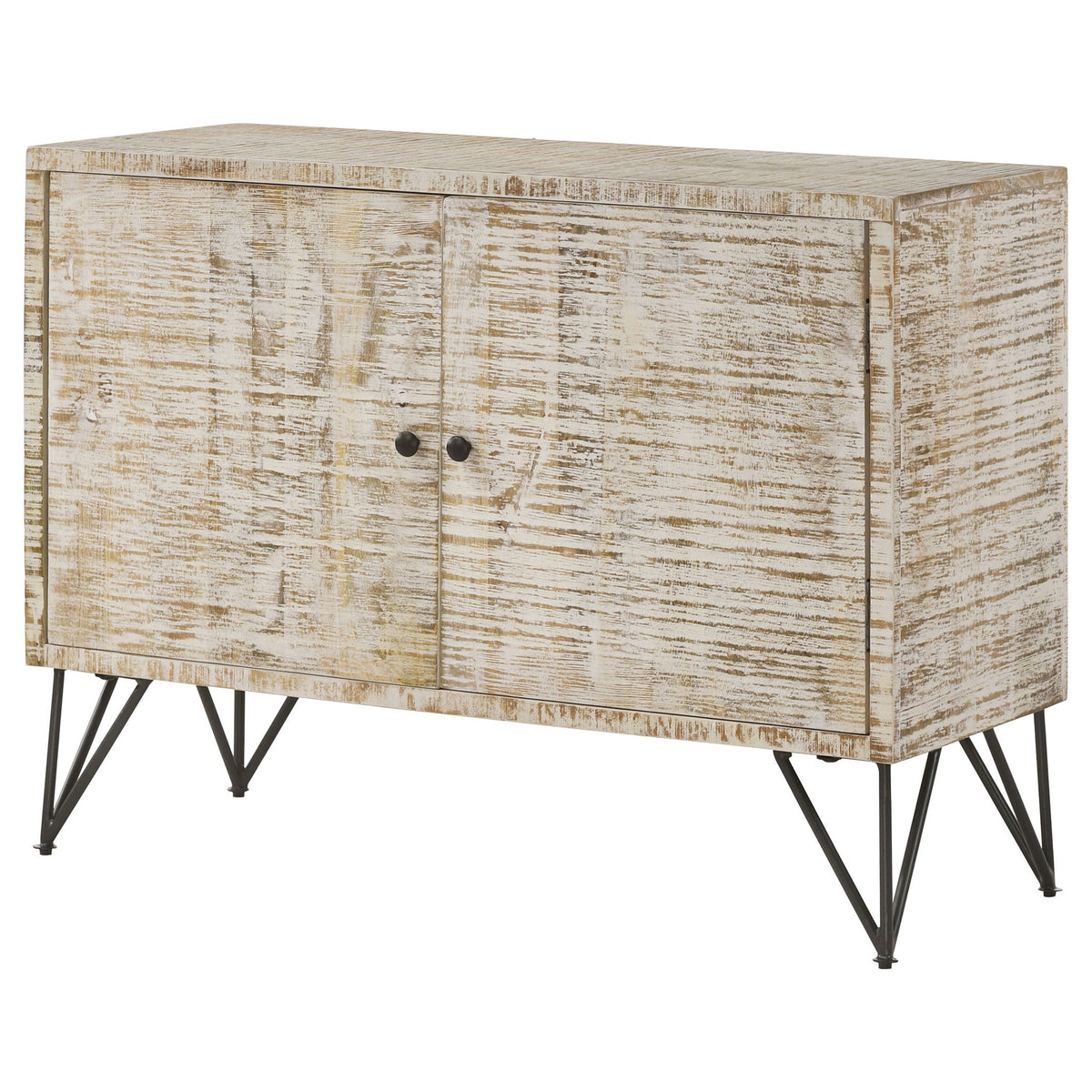 Two-door storage cabinet in distressed light wood with central knobs and black angled legs