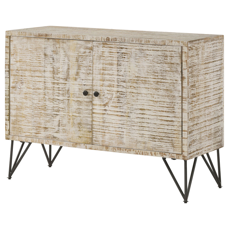 Two-door storage cabinet in distressed light wood with central knobs and black angled legs