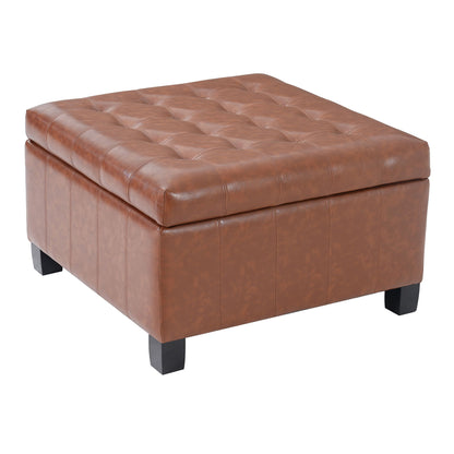 Brown tufted lift-top storage ottoman with square padded lid and dark legs