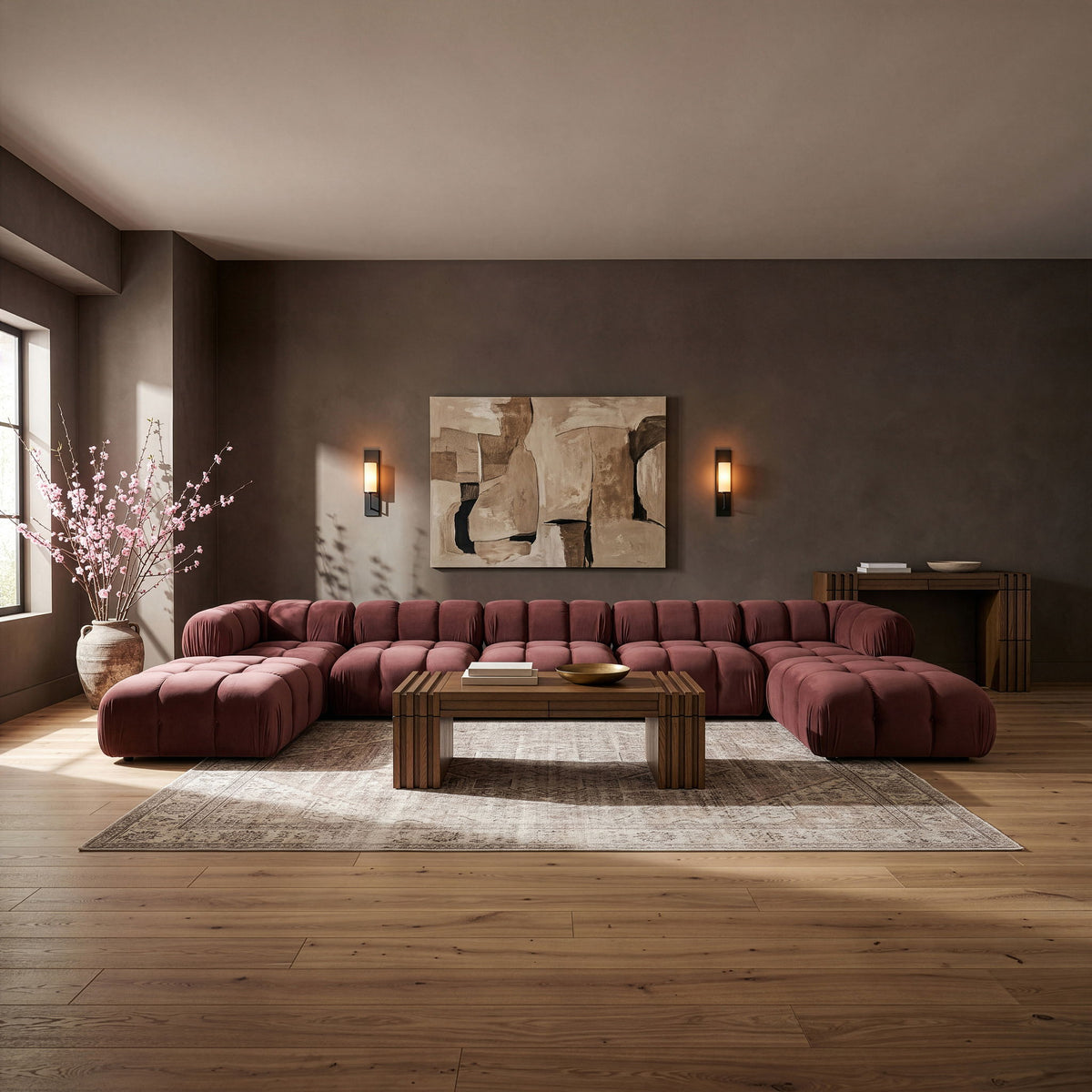 Burgundy modular sectional sofa with tufted cushions and rounded armrests, 3-piece view