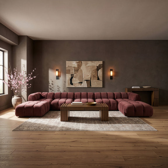 Burgundy modular sectional sofa with tufted cushions and rounded armrests, 3-piece view