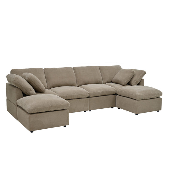 Light brown modular sectional with two chaise ends and plush cushions