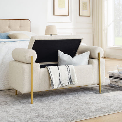 Elegant Upholstered Linen Storage Bench With Cylindrical Arms And Iron Legs, White